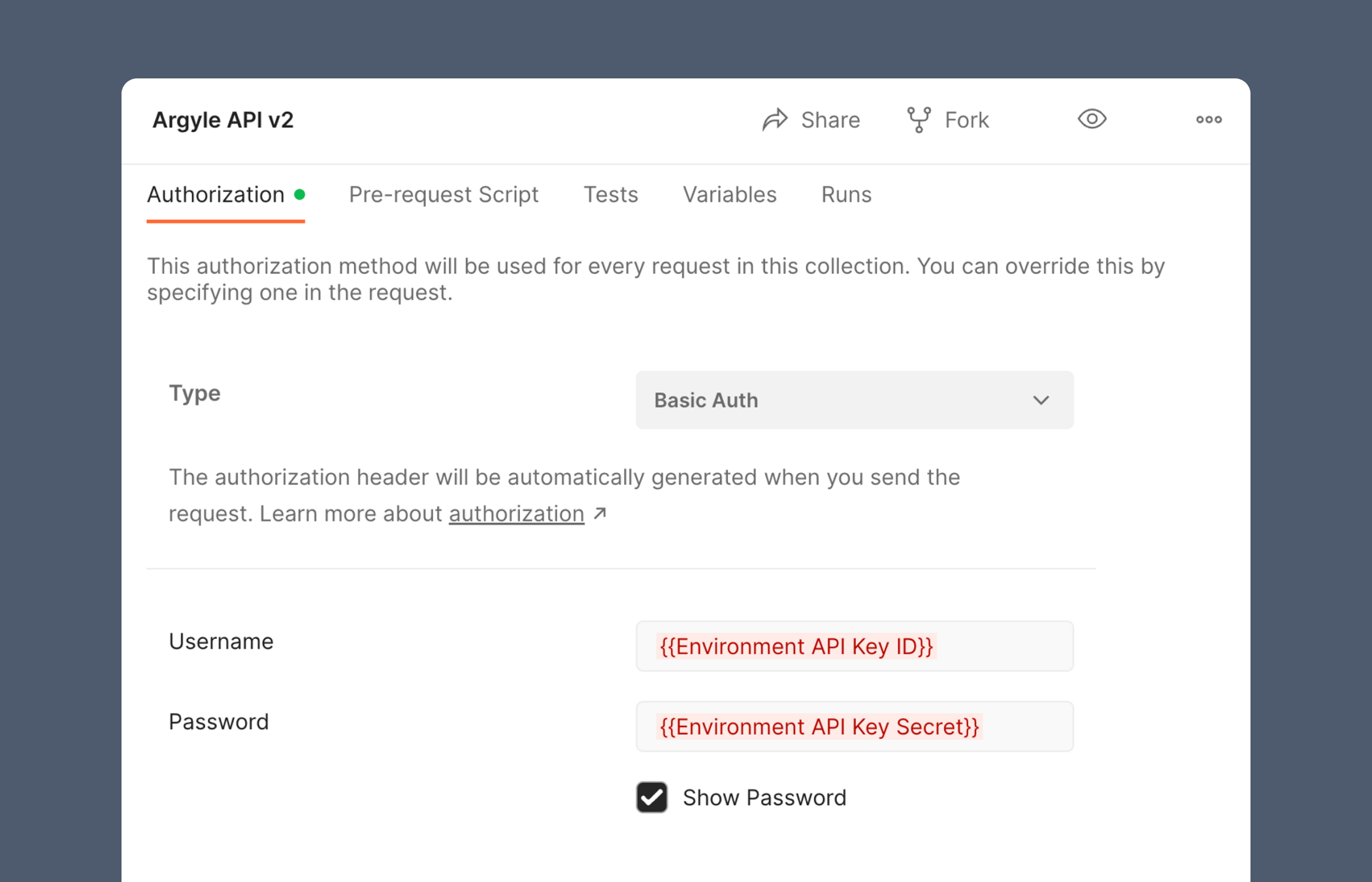 Add your API keys on Postman's Authorization tab.