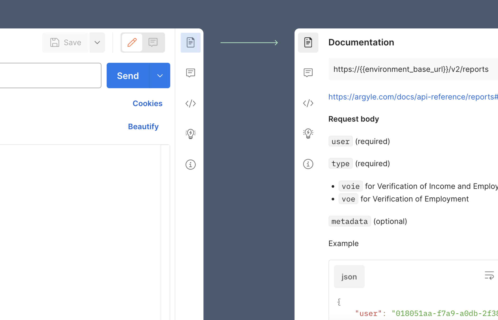 Image showing how to open Documentation within Postman for the Argyle API collection.