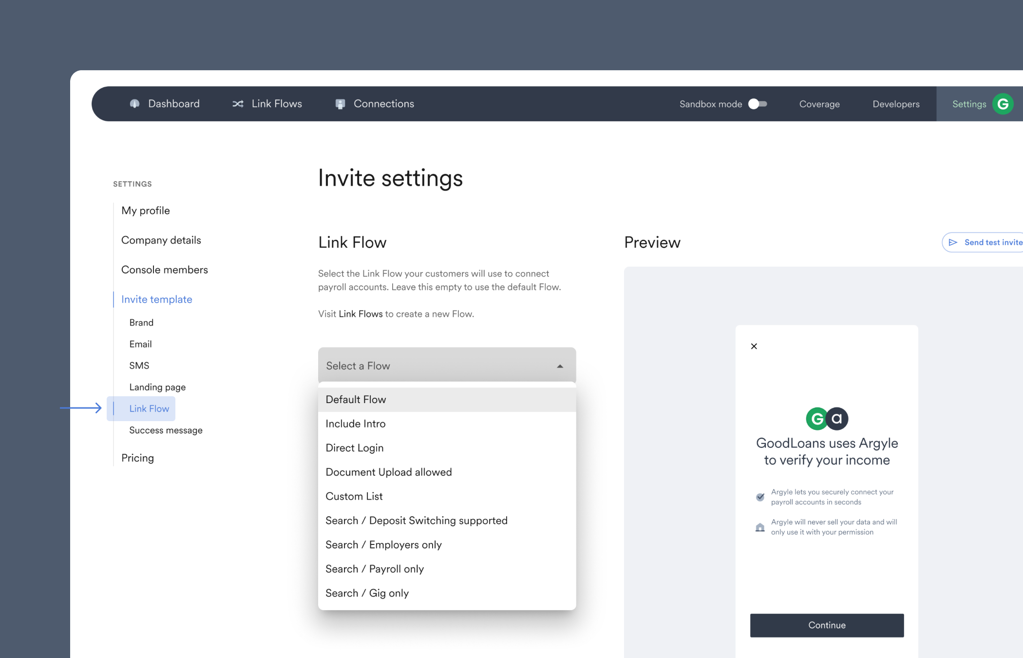 Link Flow customizations can be added to invites from the Settings section of Console.
