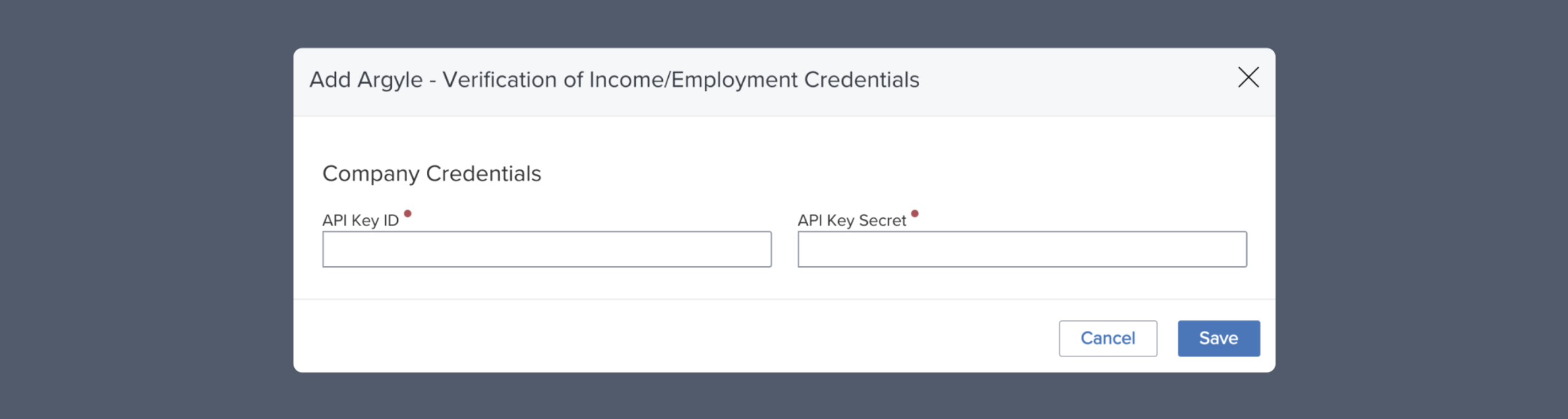 Enter your Argyle API keys (found in Console) in the Company Credentials pop-up.