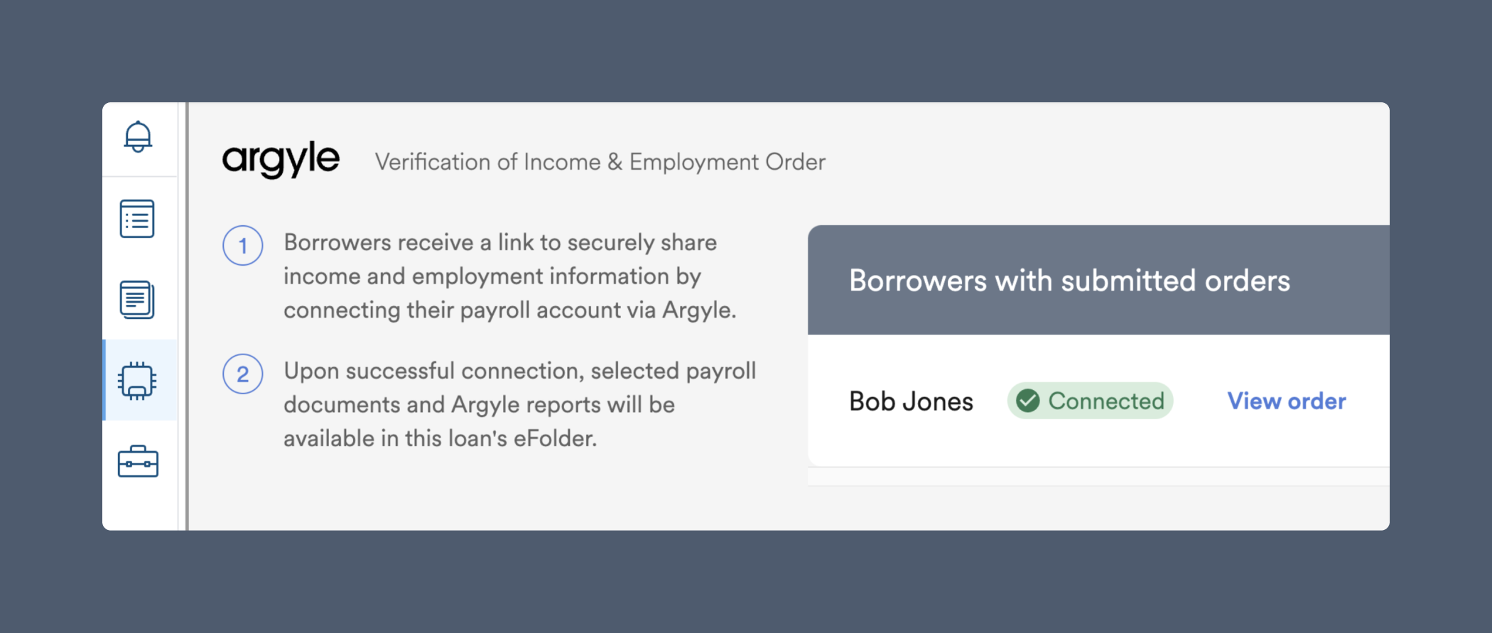 Once a borrower connects their payroll account, you can view their payroll documents and ordered verification reports.