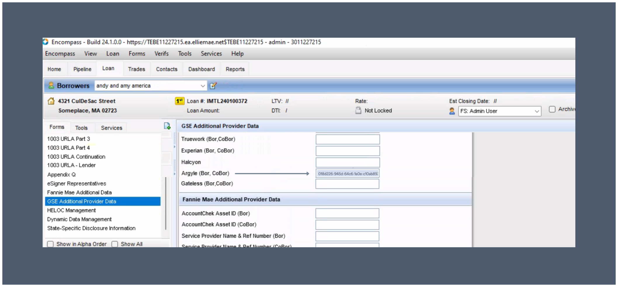 Insert the DU Reference number in the GSE Additional Provider Data field within Encompass.