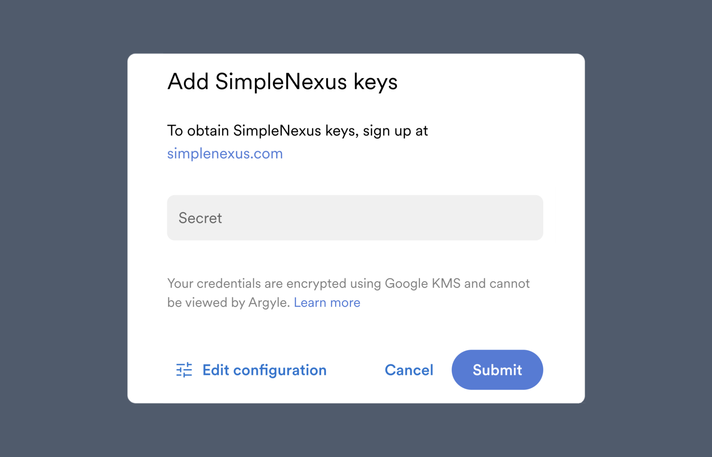 SimpleNexus API keys can be uploaded through Argyle Console.