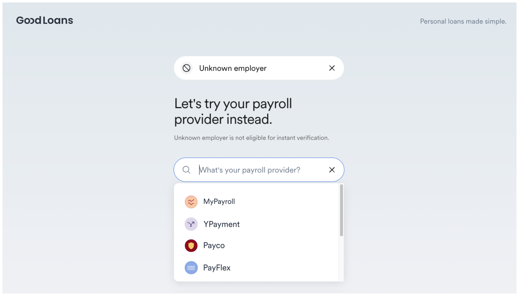 If the user cannot find their employer, they are suggested a list of payroll providers.