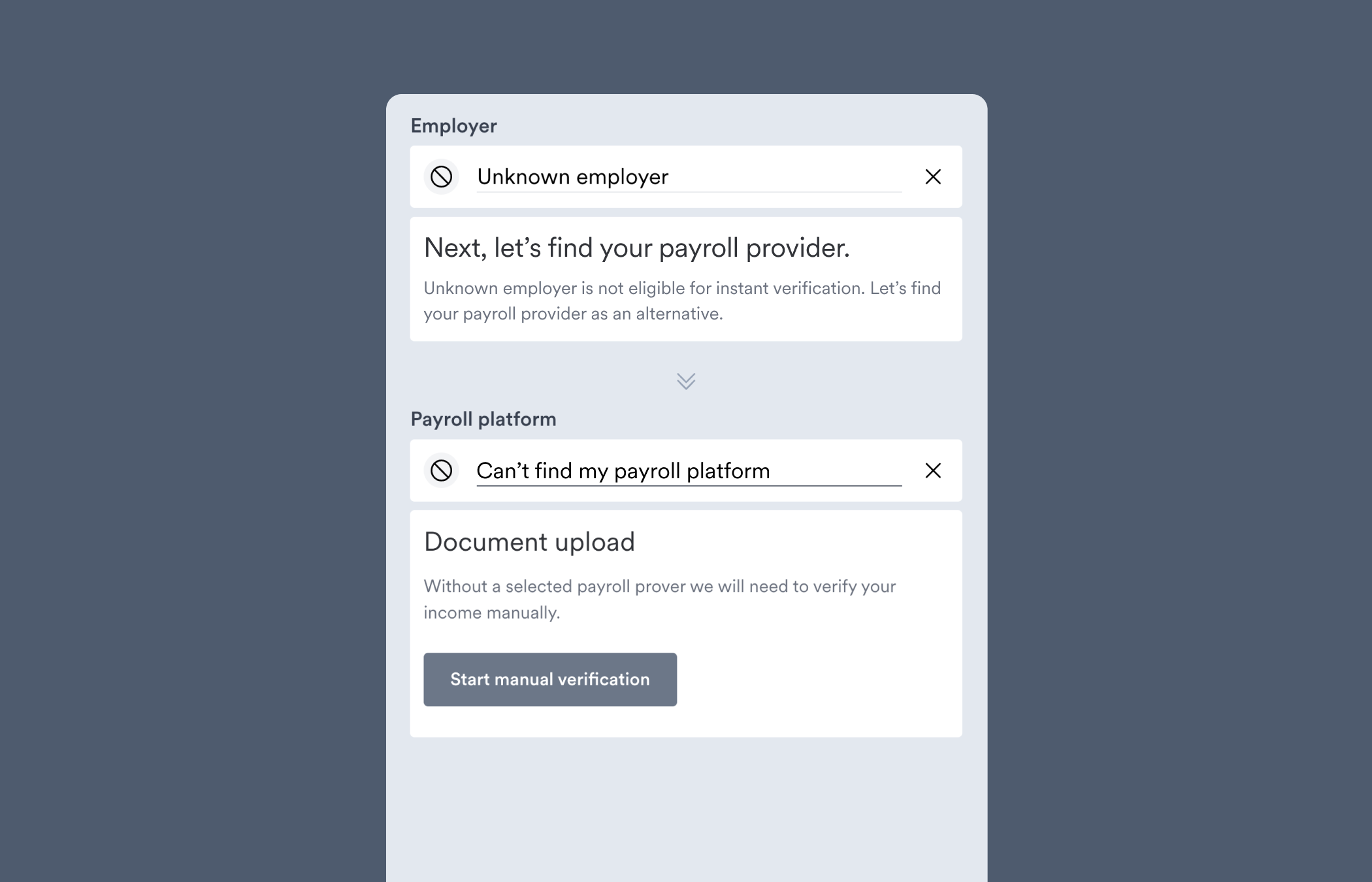 If the user cannot find their employer or payroll provider, a fallback flow such as uploading documents as shown in this image is possible in Link.